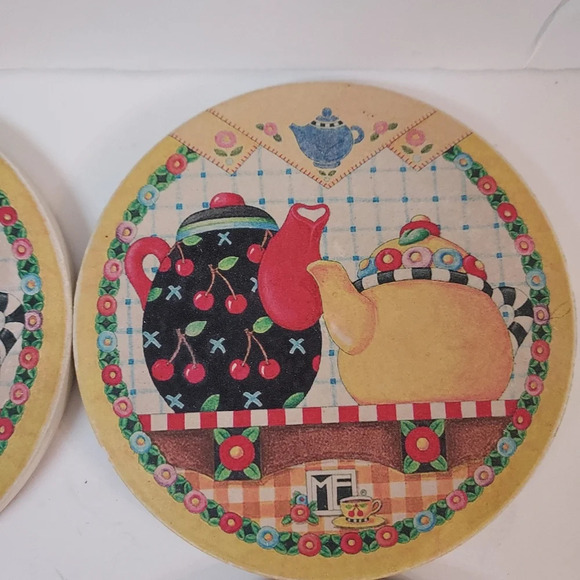 Set of 4 Mary Engelbreit Teapots Drink Coasters Cork Back - Picture 3 of 10